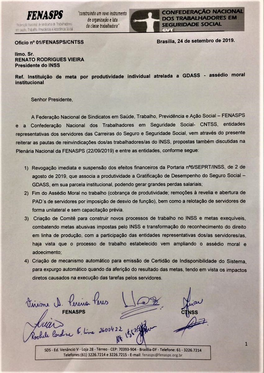 Pauta protocolada durante reunião do presidente do INSS - Brasília 24/09/2019